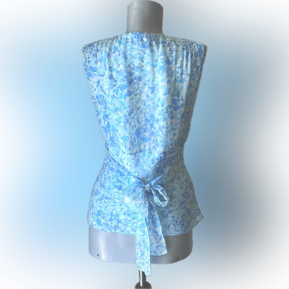 Ann Taylor Blue Silk Chiffon Tie-Back Sleeveless Blouse with Empire Waist - Picture 3 of 15